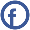 Facebook icon. Blue circle outline, white background, with lower case blue f left justified in the circle.